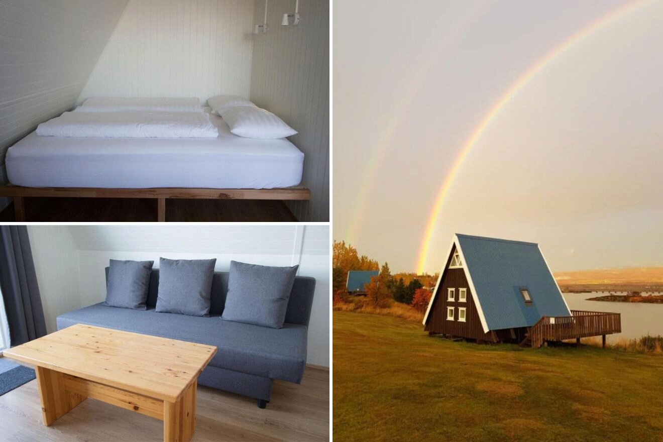 collage with sleeping area, lounge and cottage view with a rainbow in the background