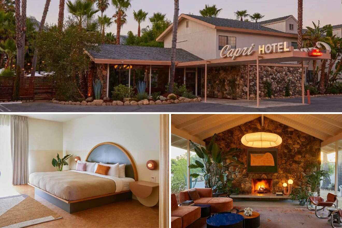Collage of three hotel pictures: view of hotel exterior, bedroom, and lounge area with fireplace