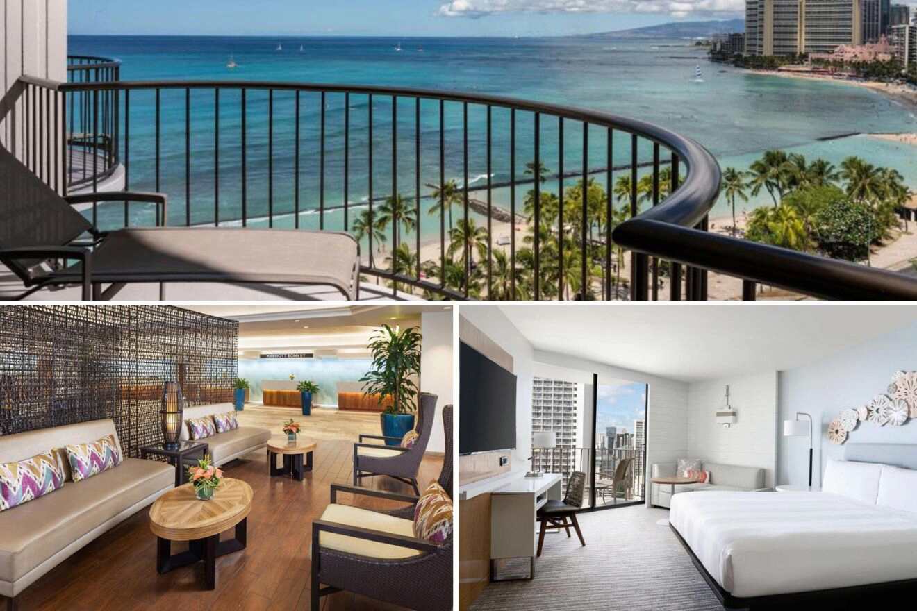 collage with bedroom, lounge and view from the terrace over the beach and ocean