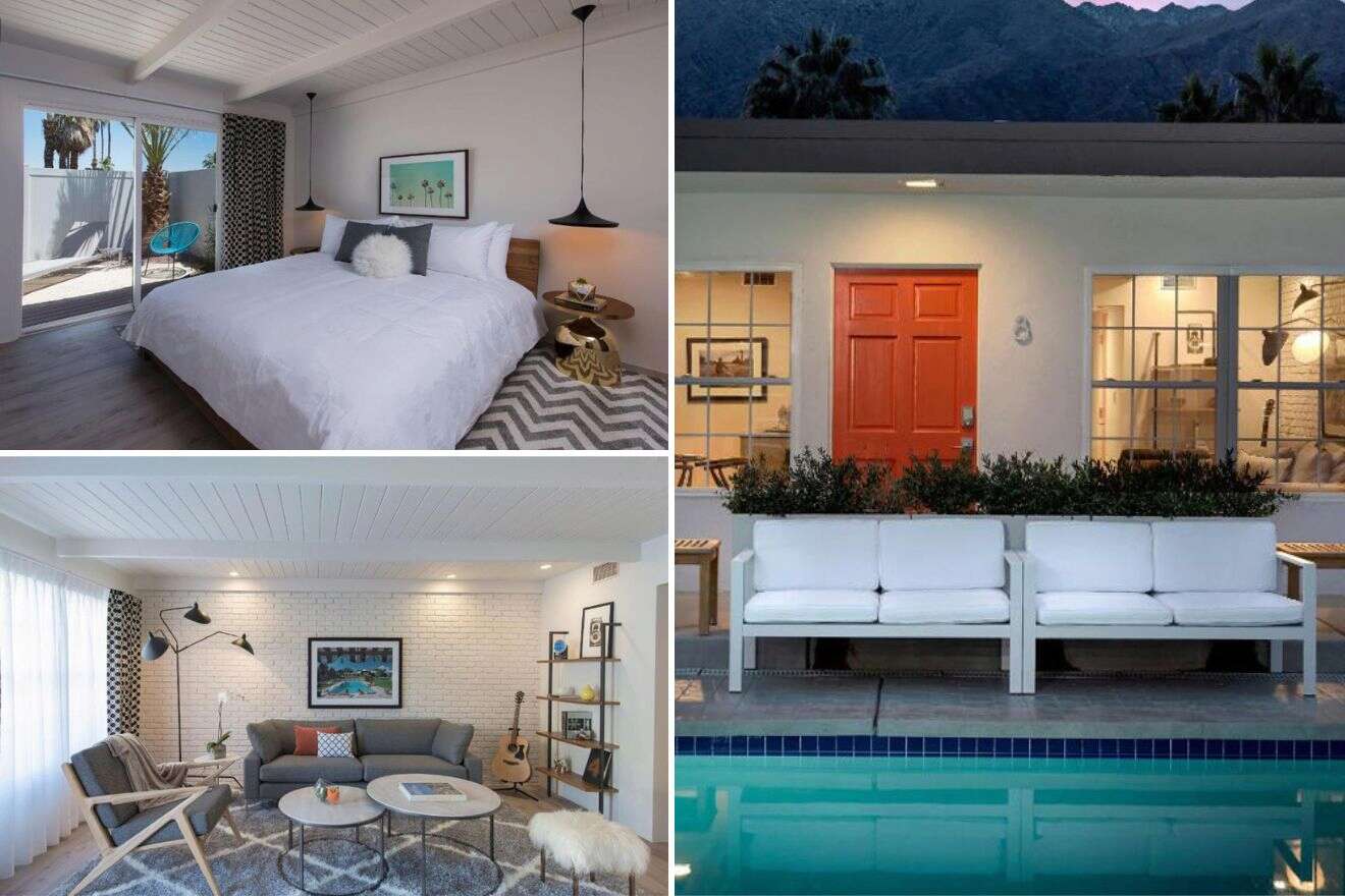 Collage of three hotel pictures: bedroom, living room, and seating by outdoor pool