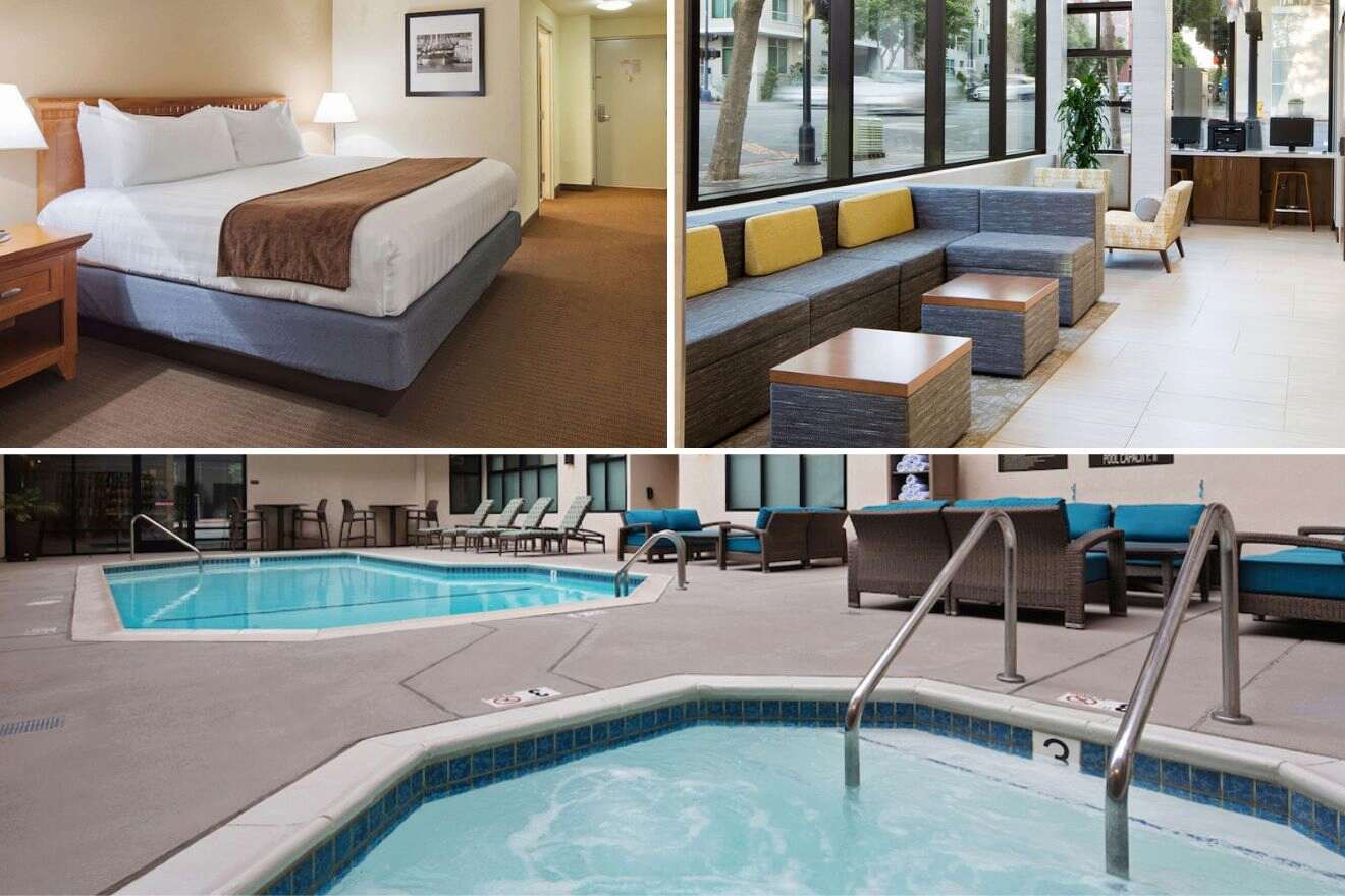 Collage of three hotel pictures: bedroom, lounge area, and outdoor jacuzzi and pool