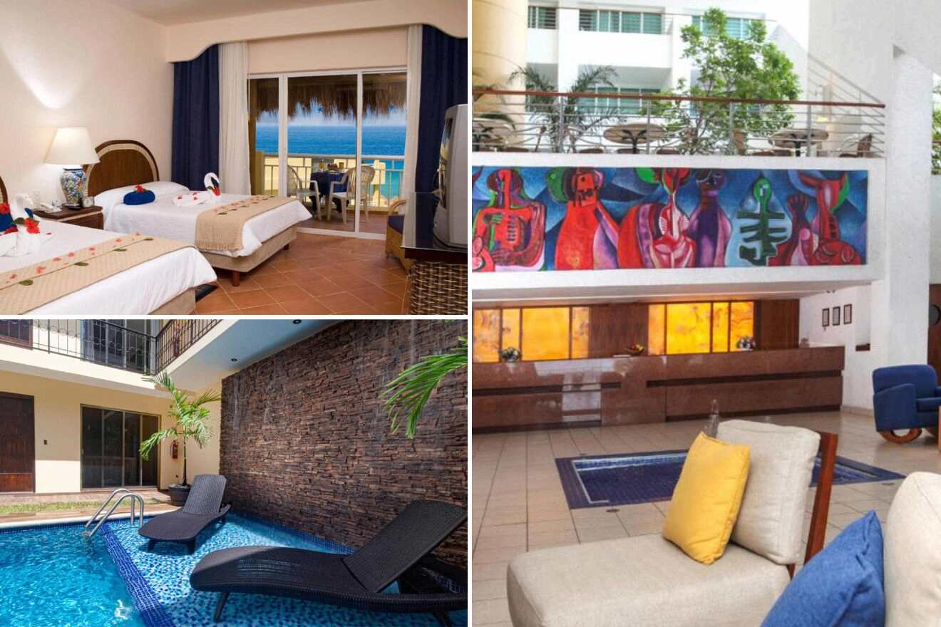 collage with swimming pool, bedroom and lounge