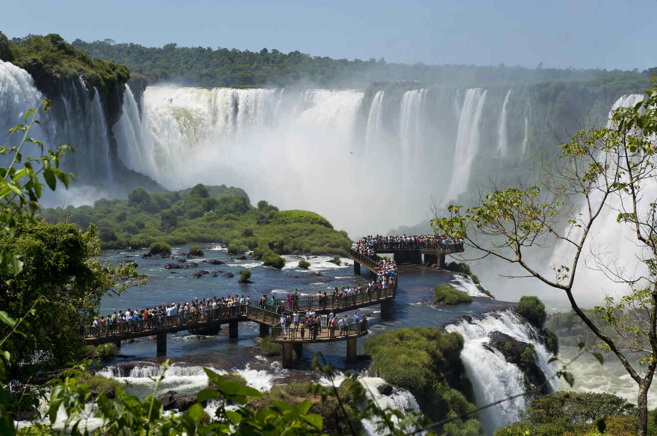 Aerial view of people at the boardwalk looking at the falls