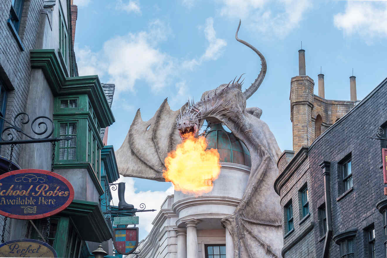 A dragon statue breathing fire on top of a building