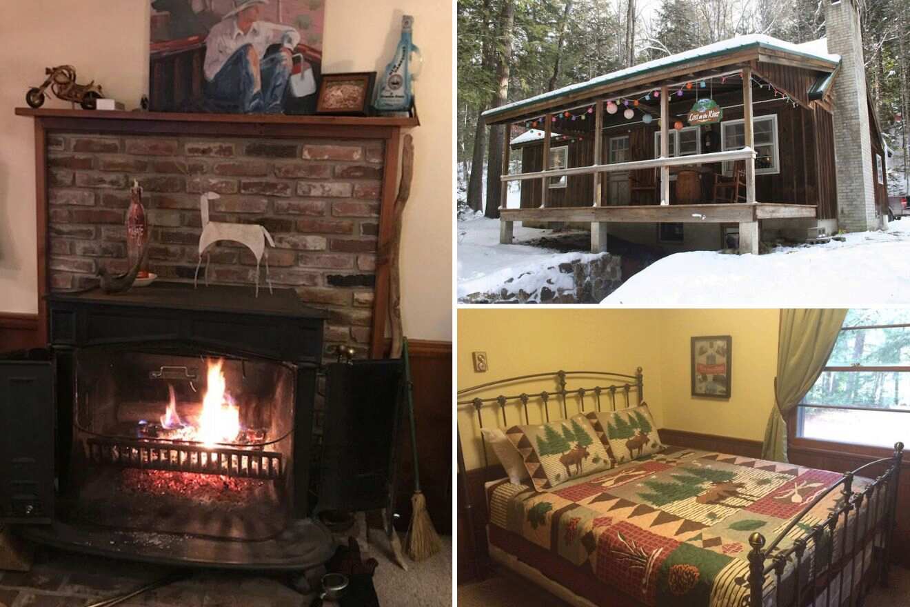 A collage of three cabin photos: fireplace, cabin exterior, and bedroom