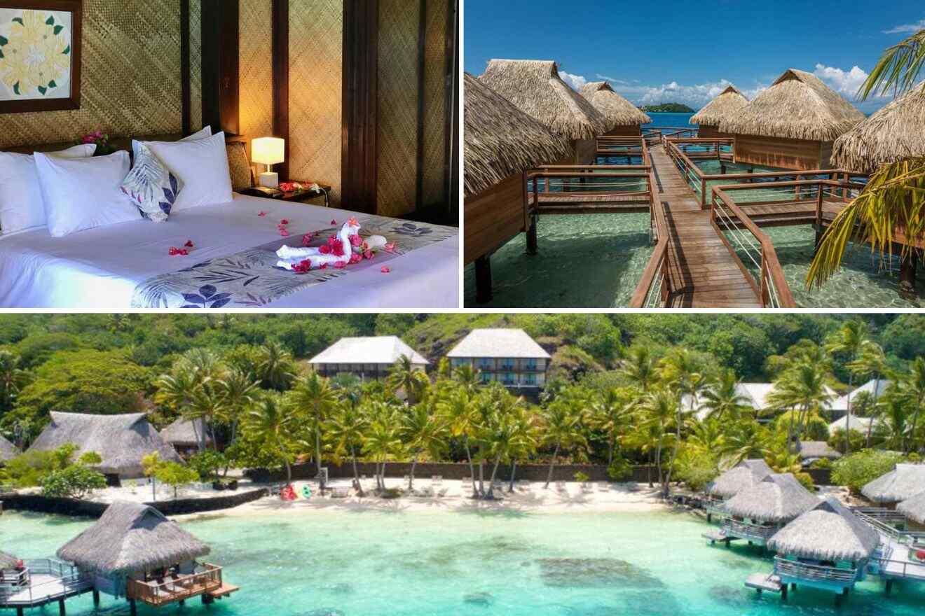 collage with aerial view over the resort, overwater bungalows and bedroom