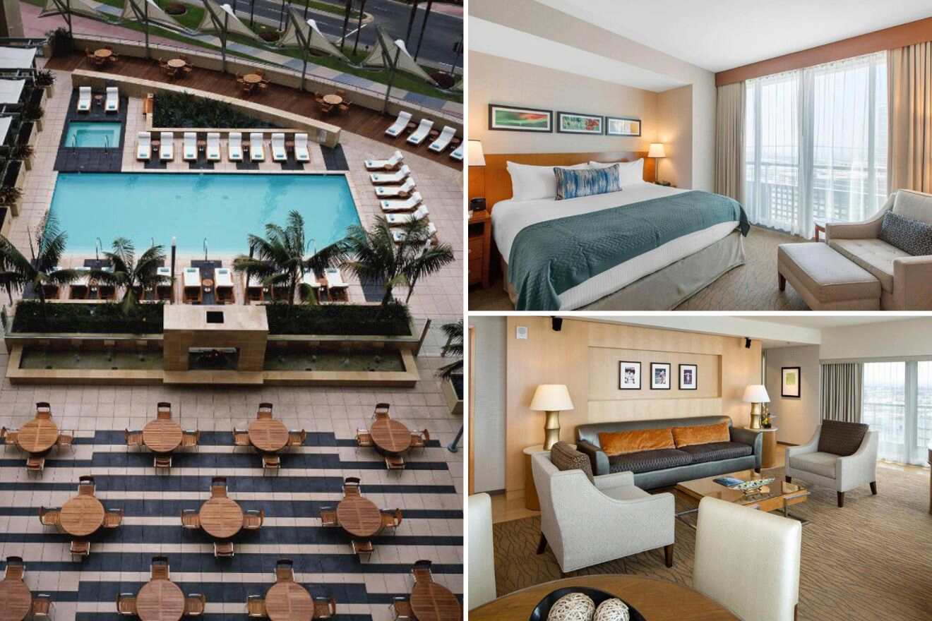 Collage of three hotel pictures: aerial view over the swimming pool, bedroom and lounge