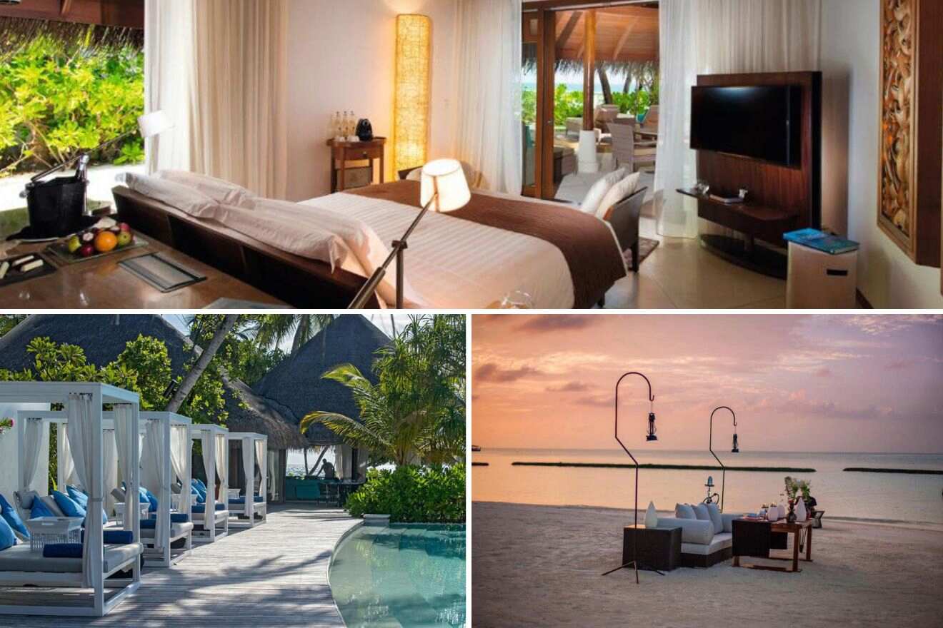 collage with swimming pool, bedroom and romantic dining on the beach