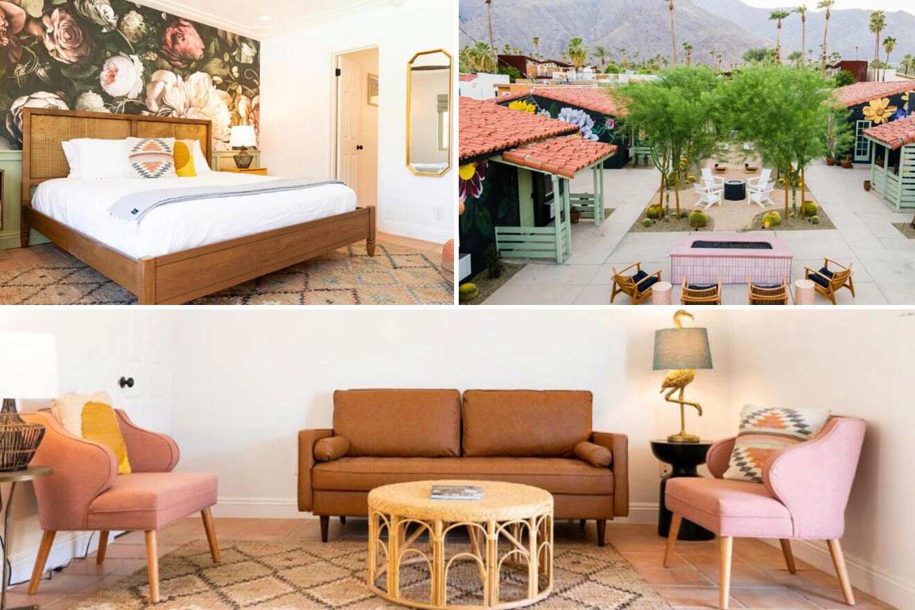Collage of three hotel pictures: bedroom, aerial view of hotel outdoor area, and living room
