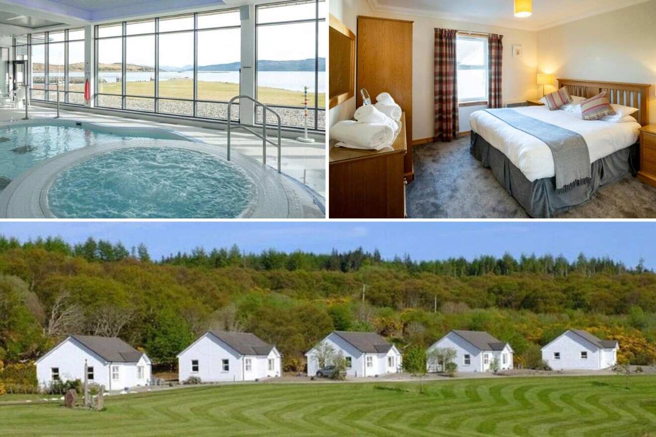 Collage of three hotel pictures: indoor pool and jacuzzi, bedroom, and view of cottages exterior