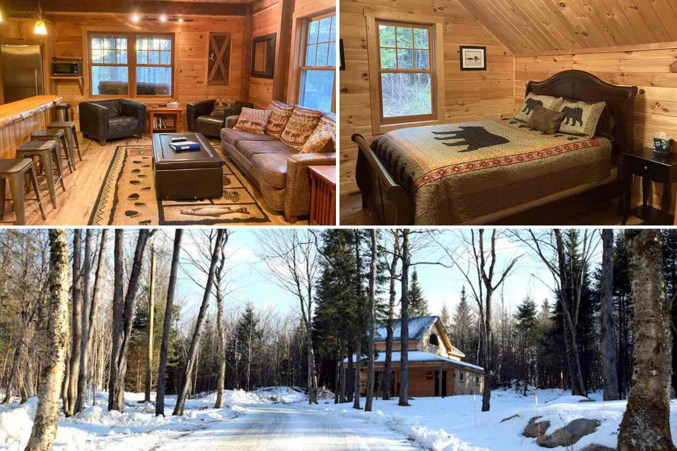 collage of photos: cabin exterior, bedroom, living room