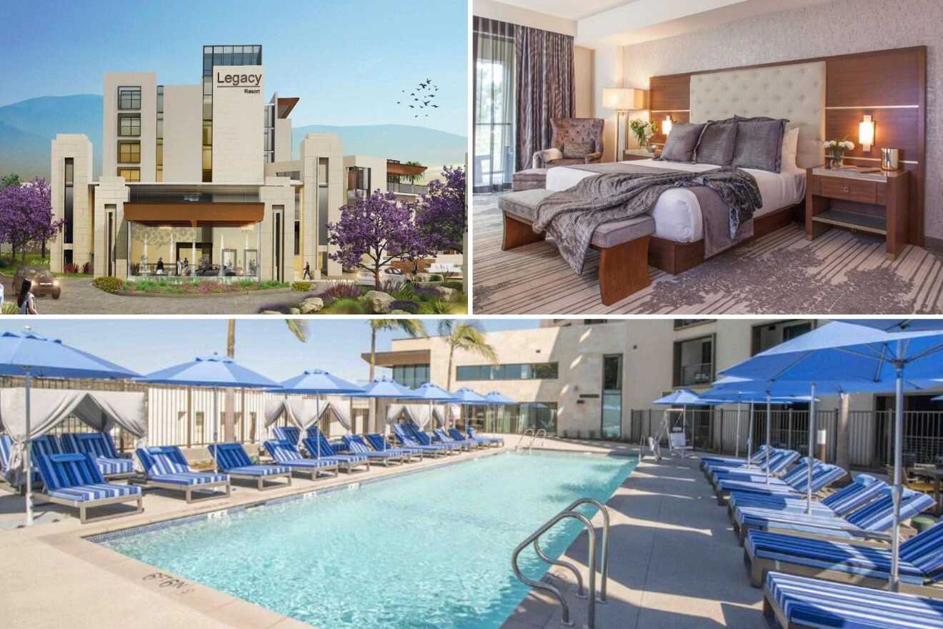 Collage of three hotel pictures: hotel exterior, bedroom, and outdoor pool