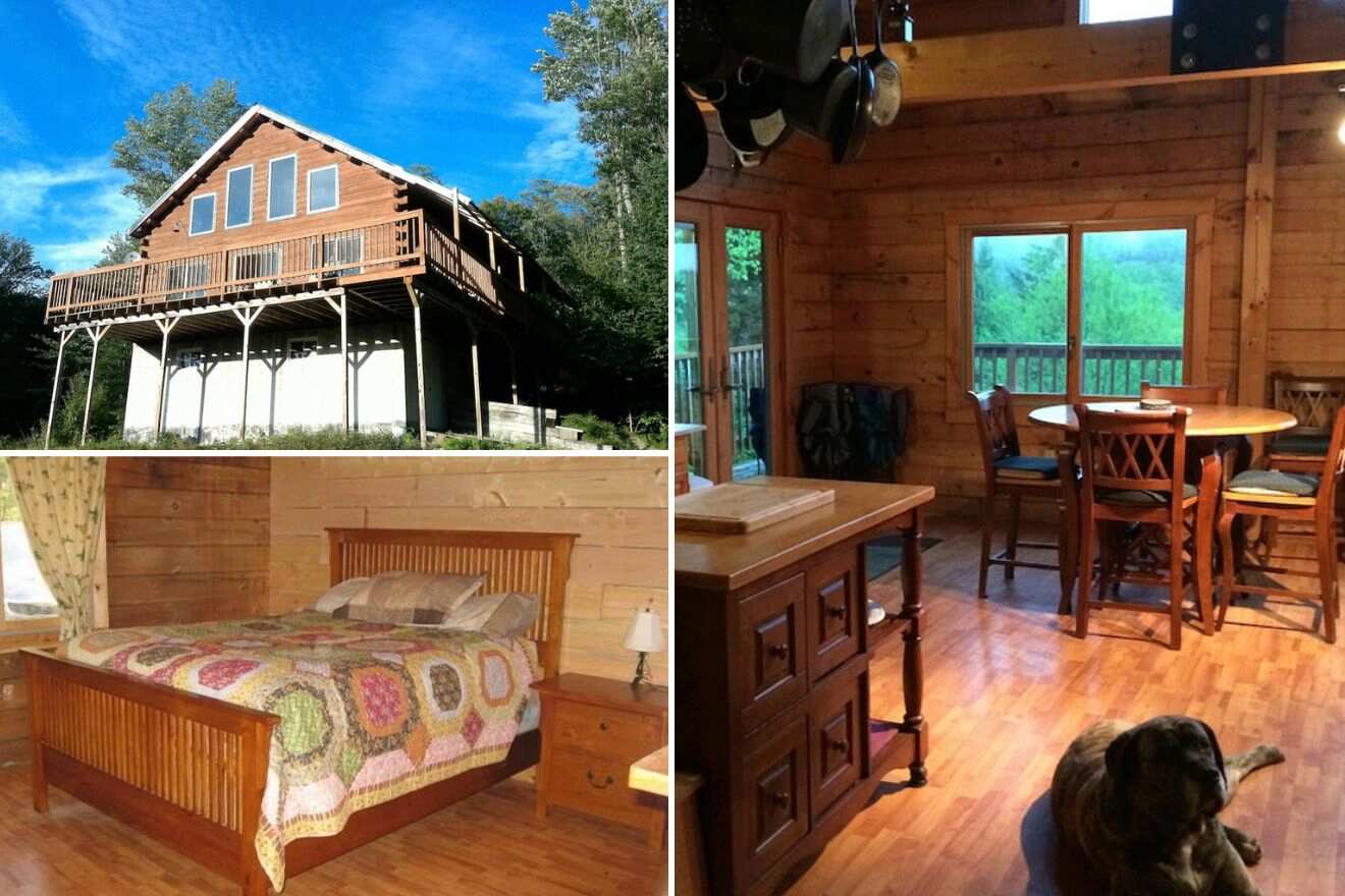 collage of photos: cabin exterior, bed, kitchen and dining