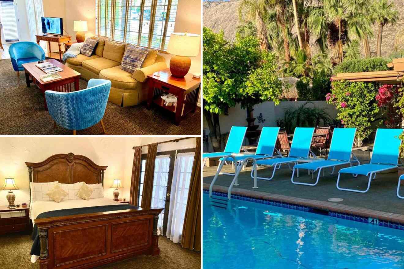 Collage of three hotel pictures: living room, bedroom, and lounge chairs by outdoor pool