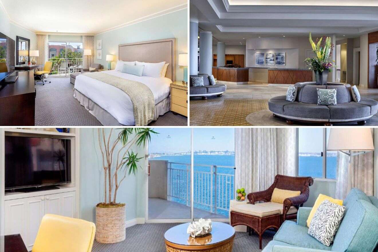 Collage of three hotel pictures: bedroom, lounge area, and living room with view