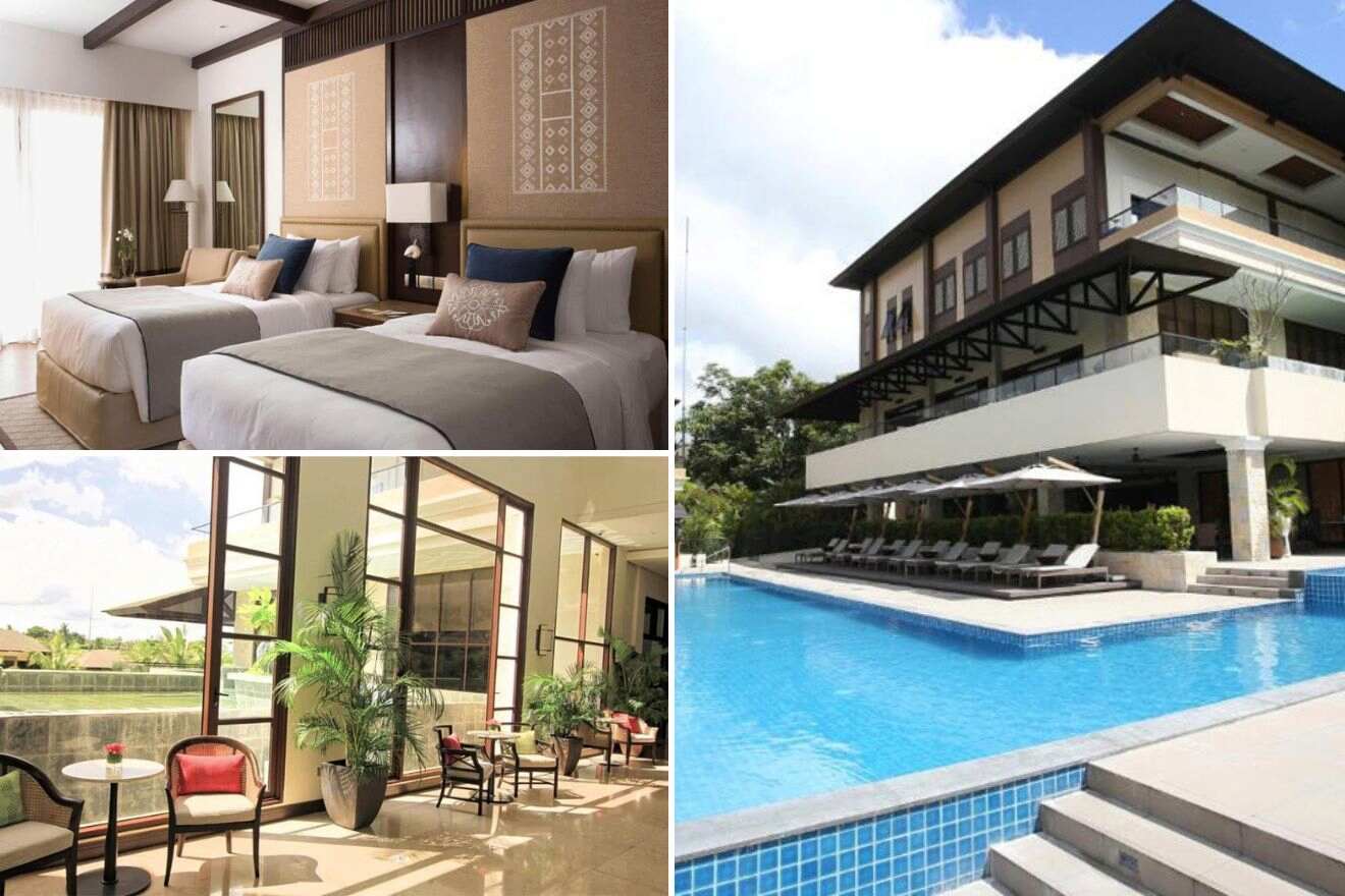 collage with swimming pool, bedroom, seating area