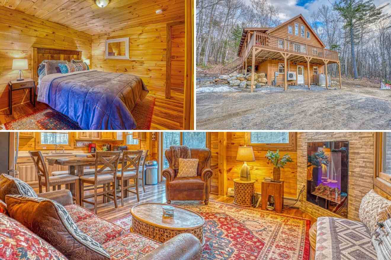 A collage of three cabin photos: bedroom, cabin exterior, and living room
