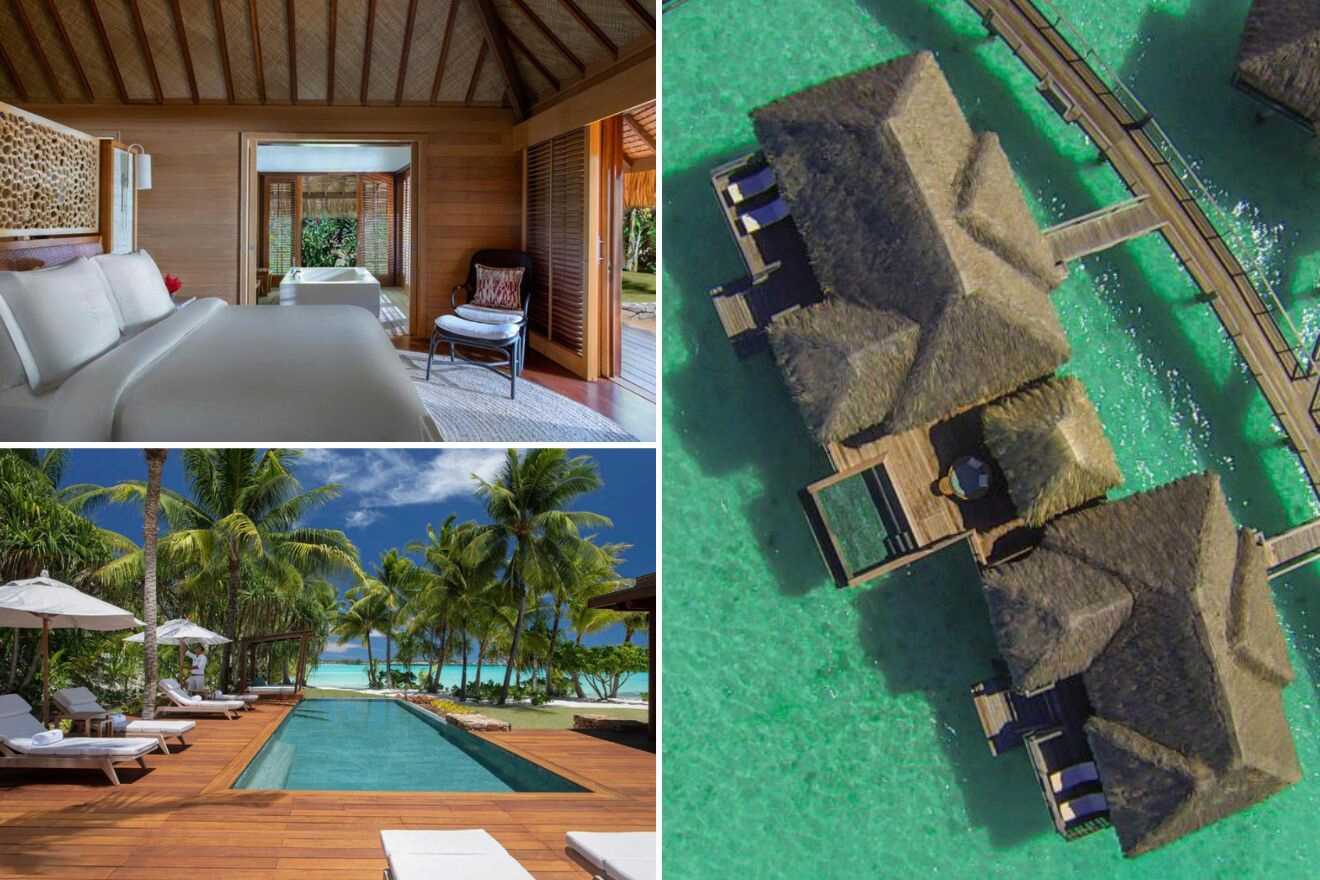 collage with aerial view over the resort, swimming pool and bedroom