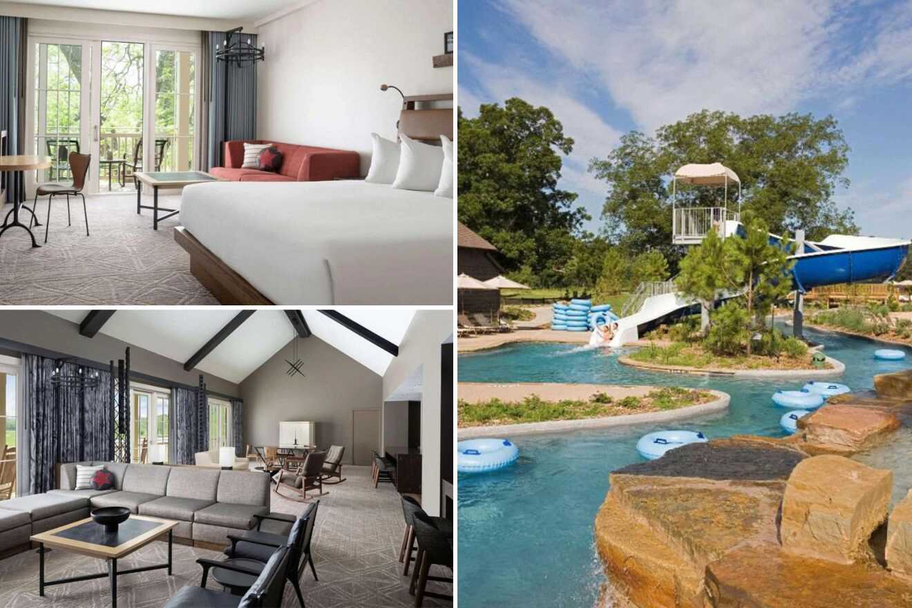 collage with a lazy river, sitting area and bedroom