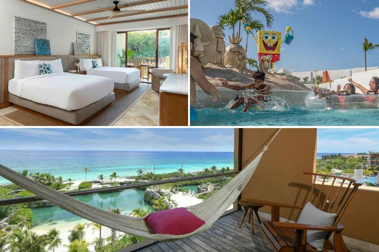 collage with bedroom, swimming pool and hammock on the terrace