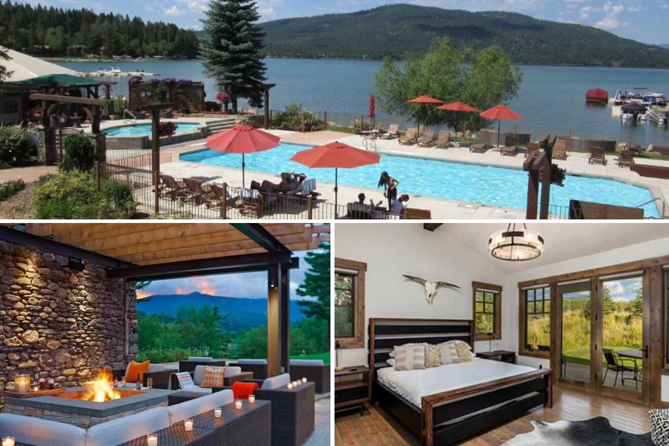 collage with swimming pool, bedroom and outdoor seating area with firepit