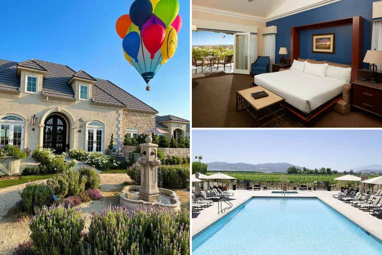 Collage of three hotel pictures: hotel exterior and hot air balloon, bedroom, and outdoor pool