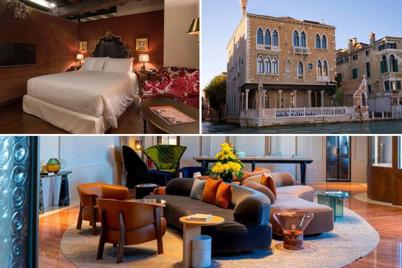 Collage of three hotel pictures: bedroom, hotel exterior and lounge area