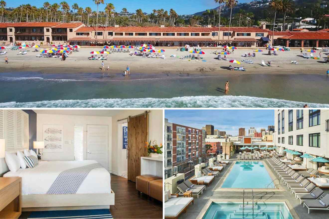 Collage of three hotel pictures: hotel exterior at beach, bedroom, and outdoor pools