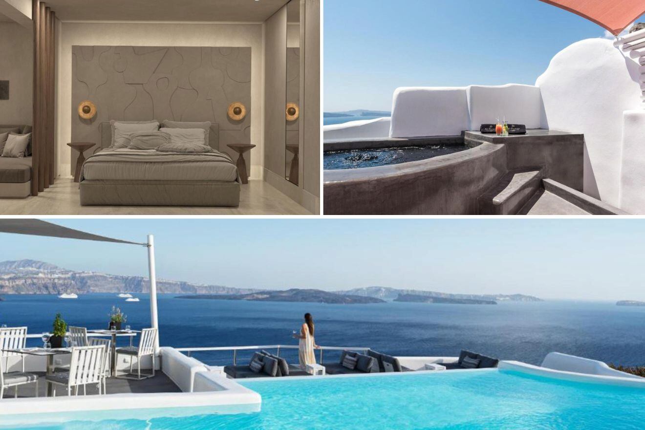 collage with bedroom, hotel view with swimming pool and jacuzzi