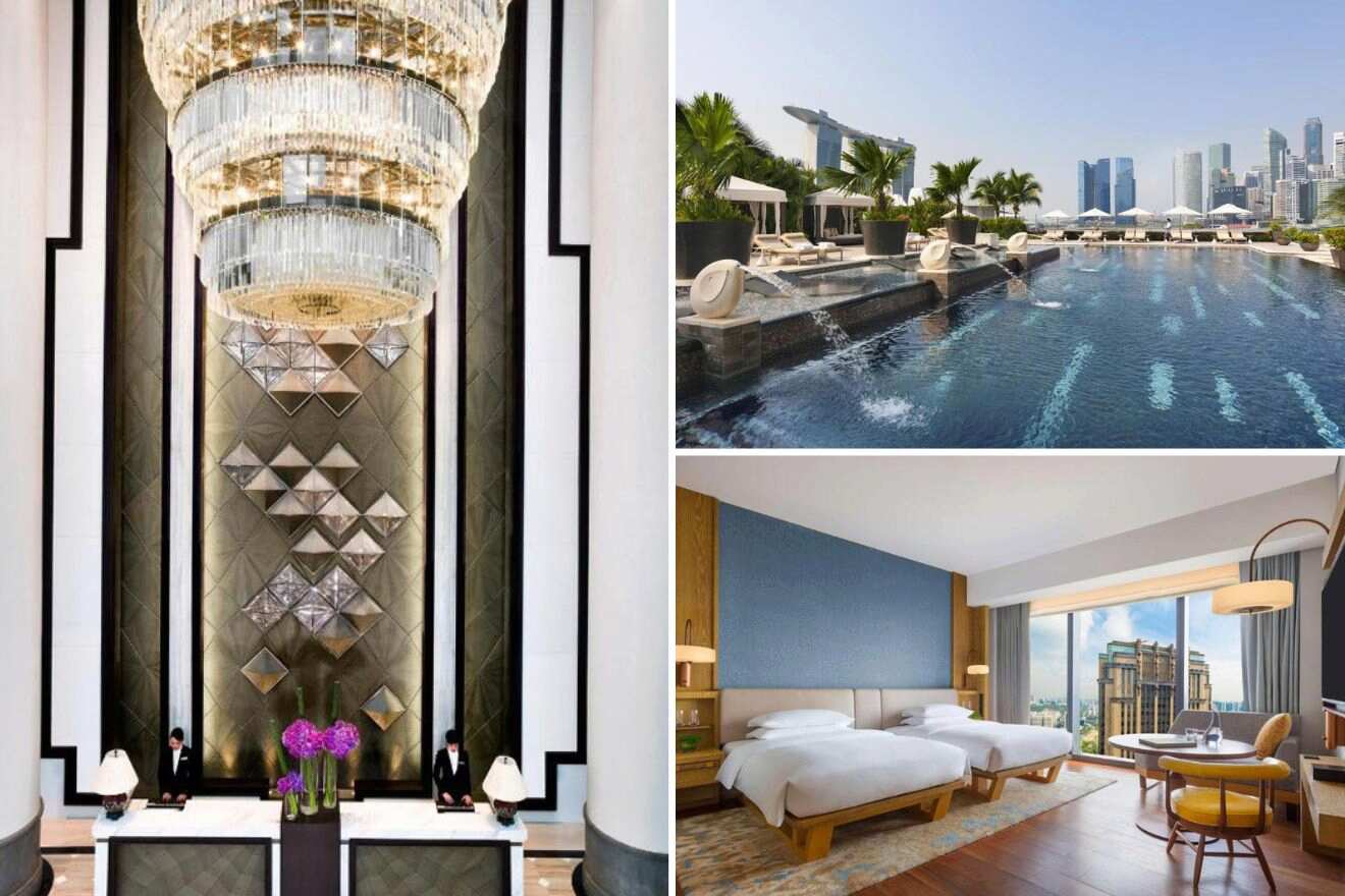 collage with bedroom, rooftop pool and reception area