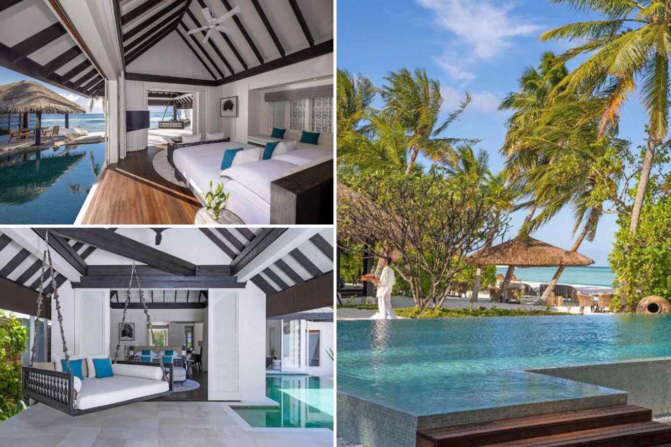 collage with swimming pool, bedroom and outdoor lounge with a view
