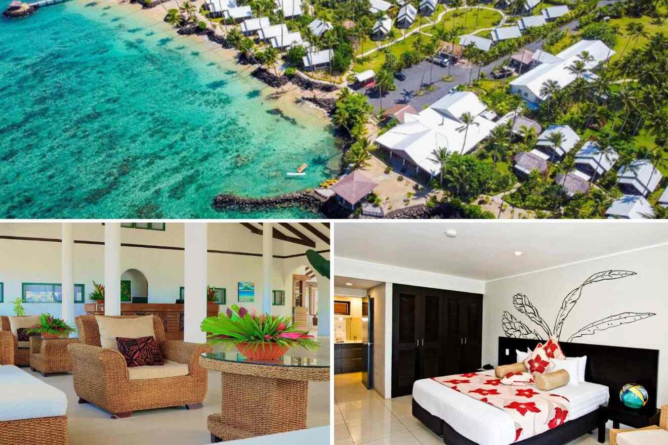 collage with bedroom, aerial view over the resort and lounge area