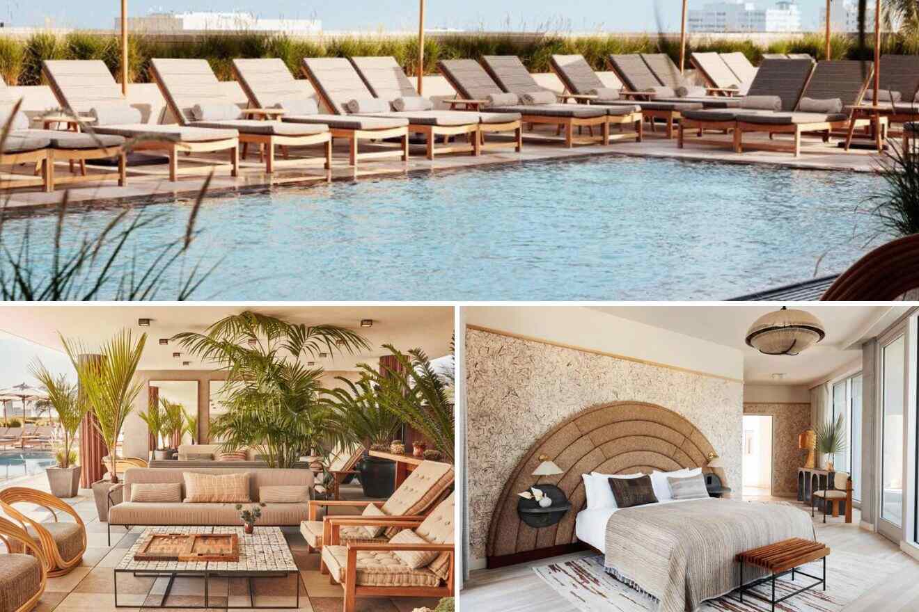 Collage of three hotel pictures: outdoor pool with lounge chairs, outdoor lounge area, and bedroom