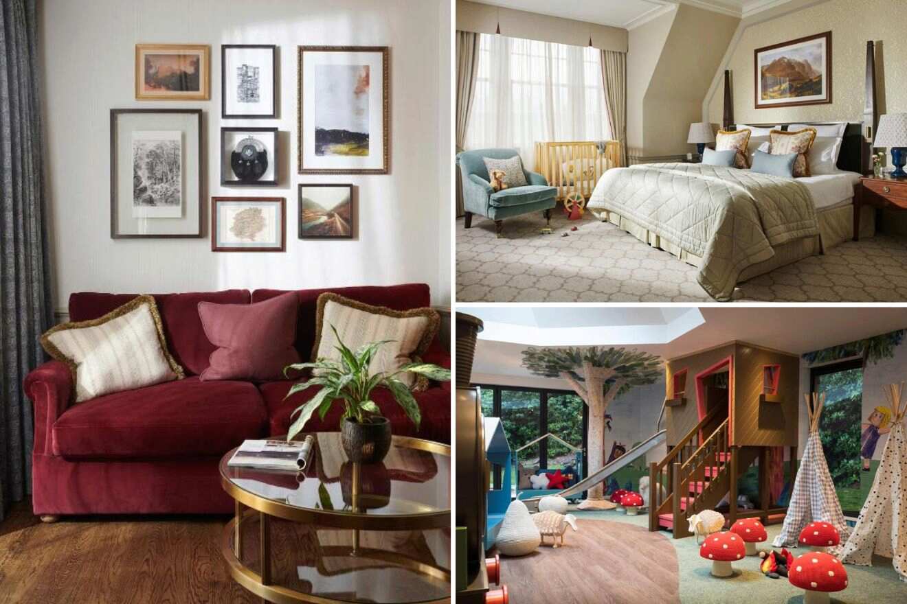 Collage of three hotel pictures: sofa, bedroom, and kids area
