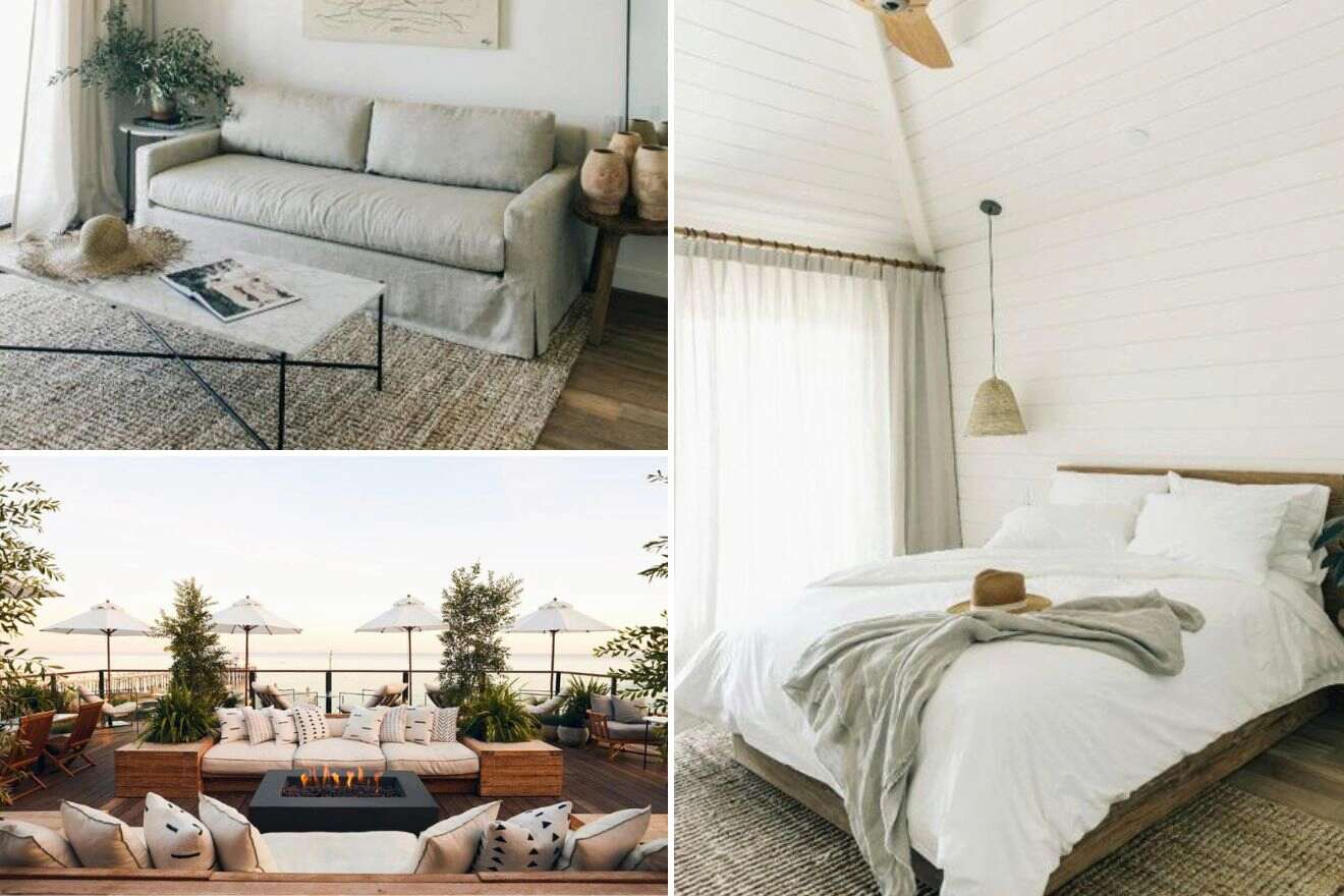 Collage of three hotel pictures: sofa, outdoor terrace with firepit, and bedroom