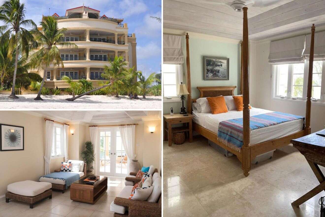 Collage of three hotel pictures: hotel exterior, living room, and bedroom