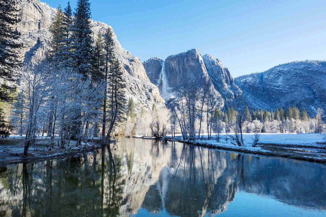 landscape of a lake with mountains at Yosemite National Park during winter