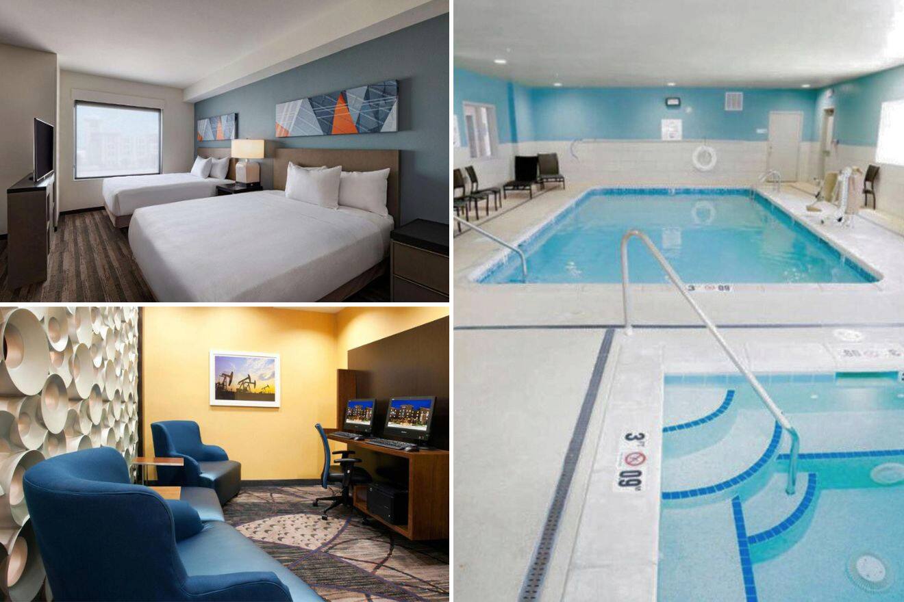 collage with lounge, bedroom and swimming pool