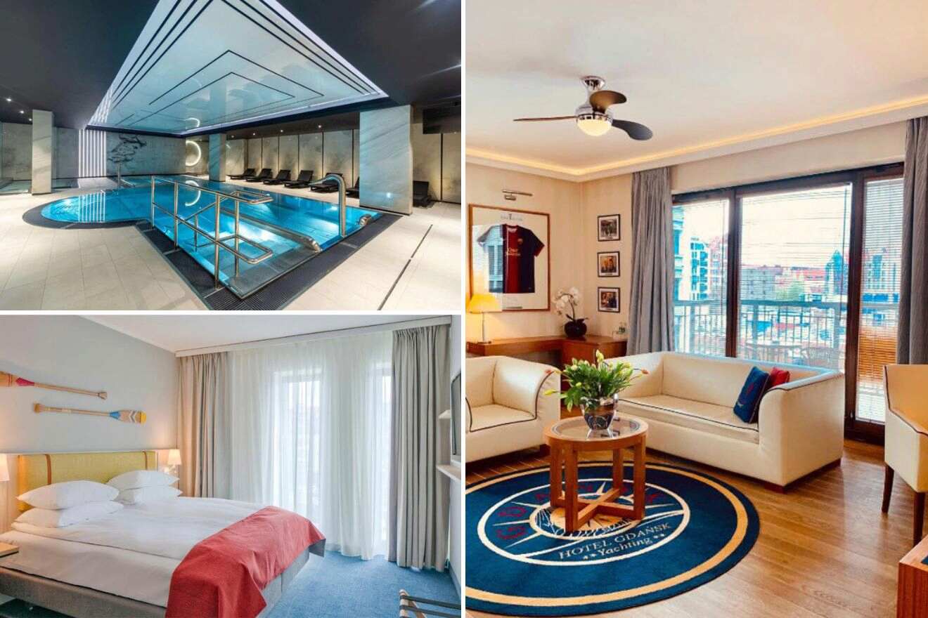 collage with swimming pool, bedroom and lounge