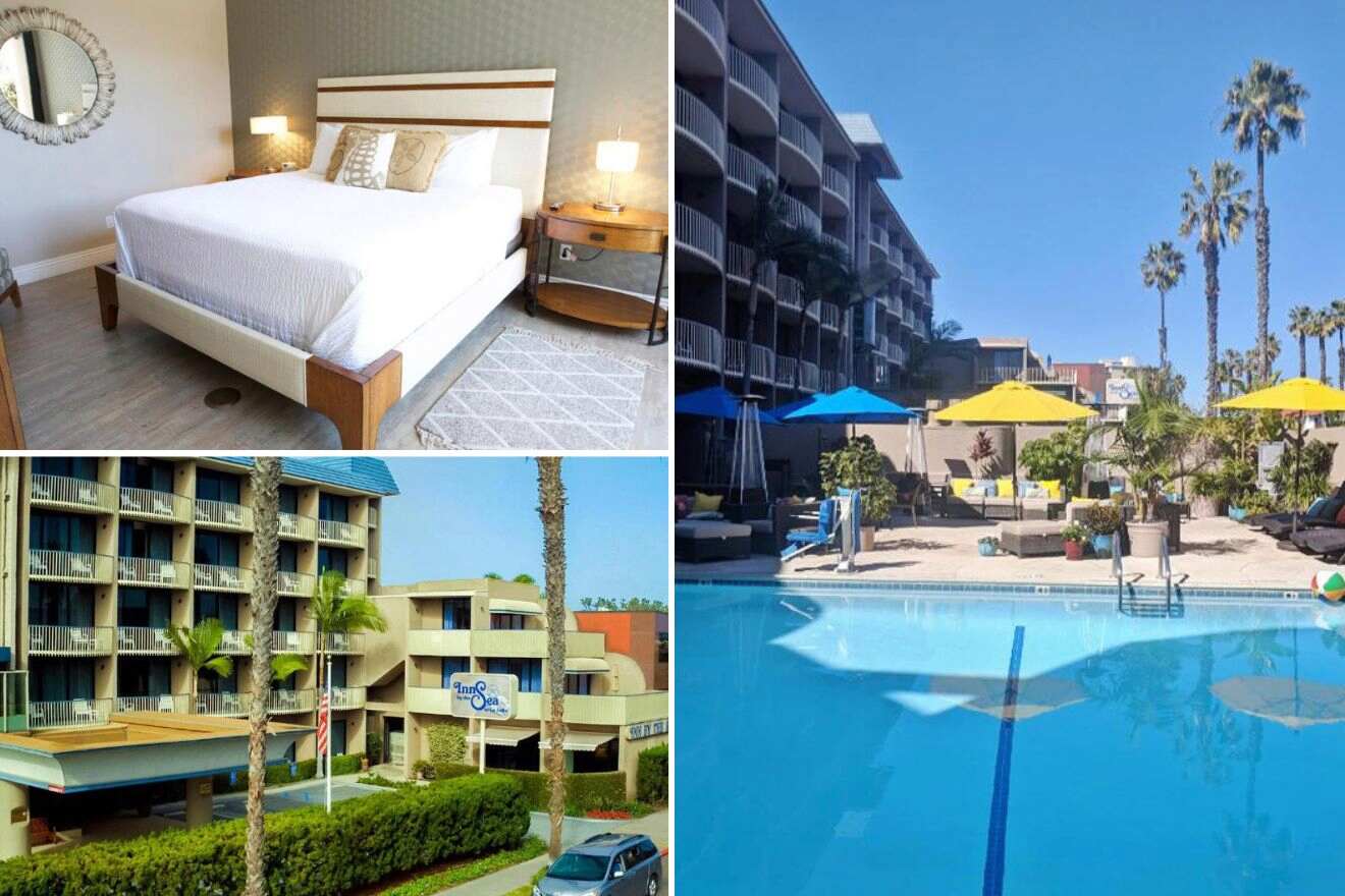 Collage of three hotel pictures: bedroom, hotel exterior, and outdoor pool