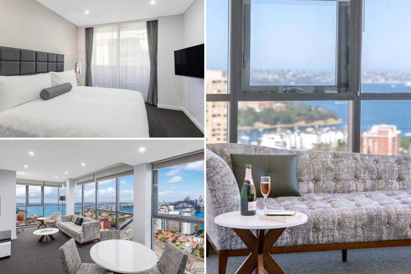 collage with lounge with view over the harbour, bedroom and living room