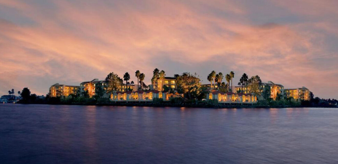 Distant view of hotels at sunset