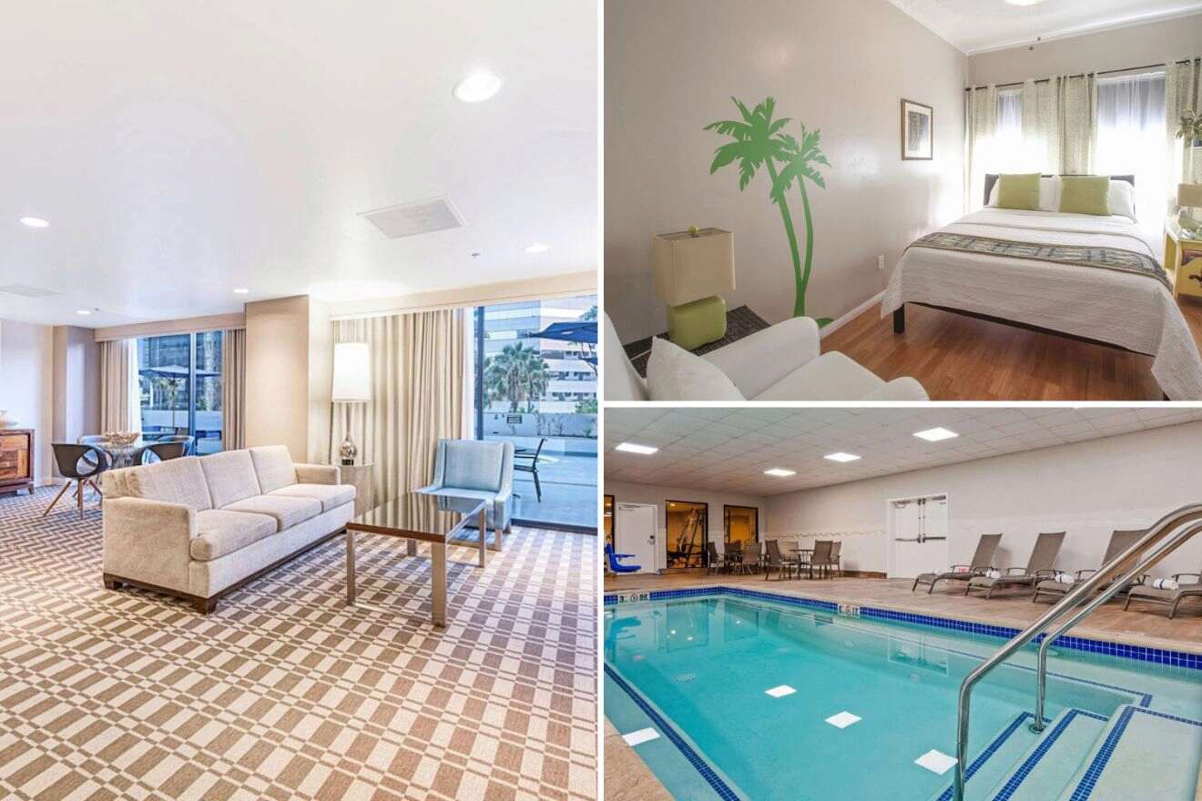 Collage of three hotel photos: living room, bedroom, and indoor pool