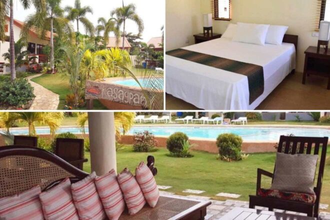 collage with bedroom, hotel garden and lounge