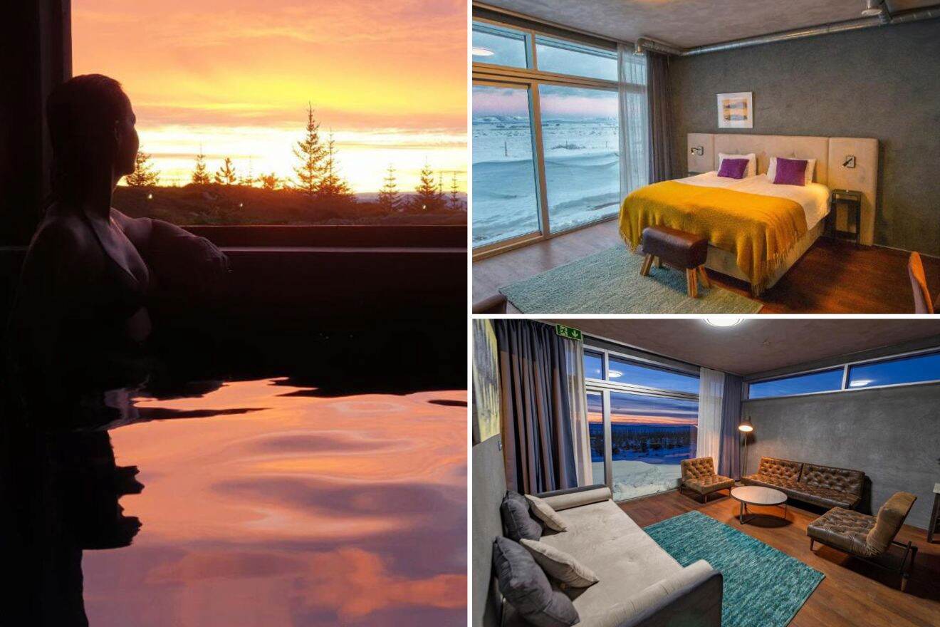 collage with bedroom, pool at sunset, and lounge