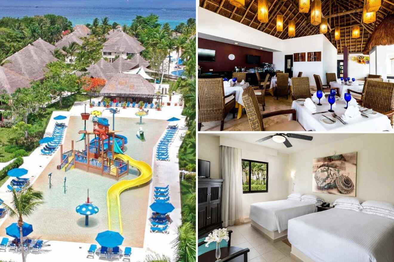 collage with swimming pool and waterpark, bedroom and restaurant