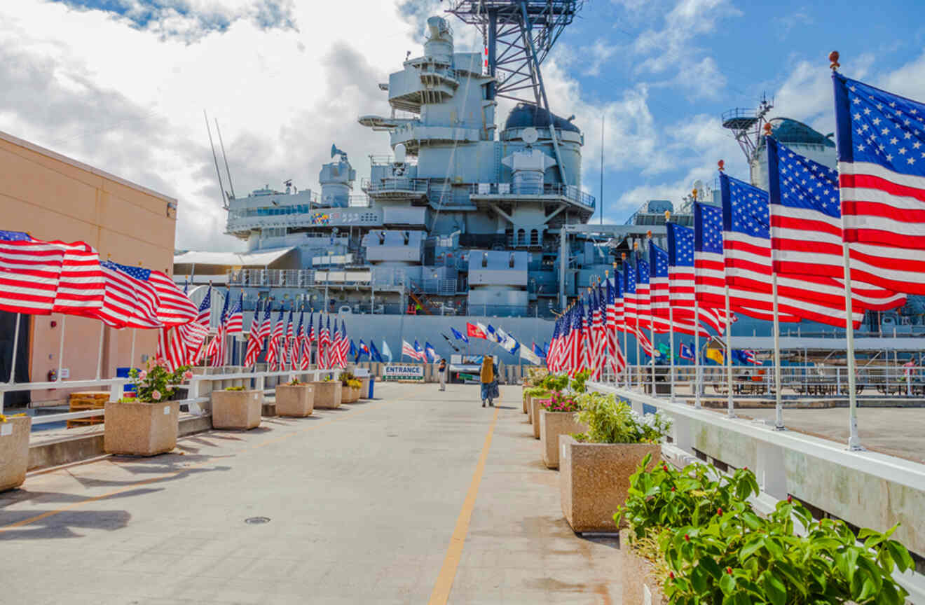 View of Battleship Missouri Memorial with American Flags at Pearl Harbor