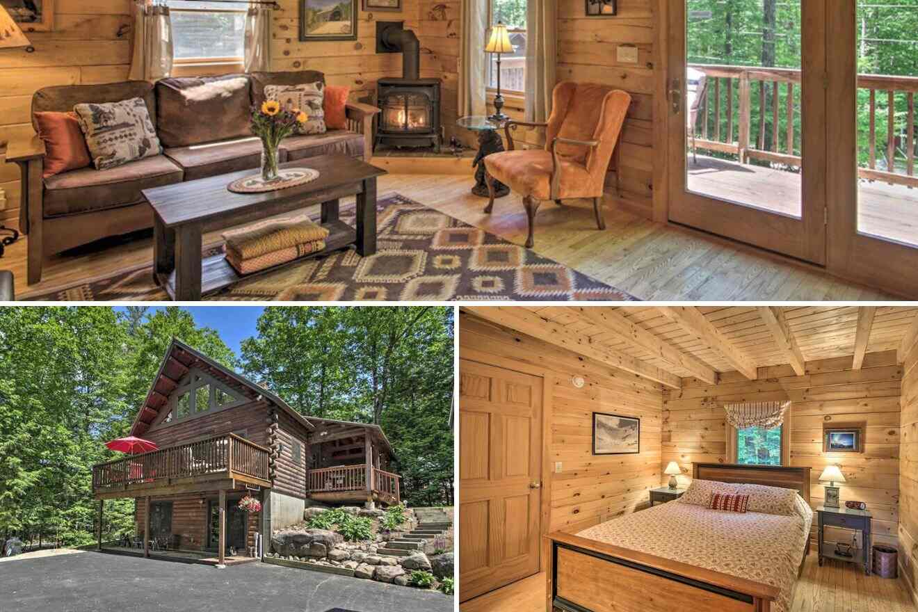 A collage of three cabin photos: living room, cabin exterior, and bedroom