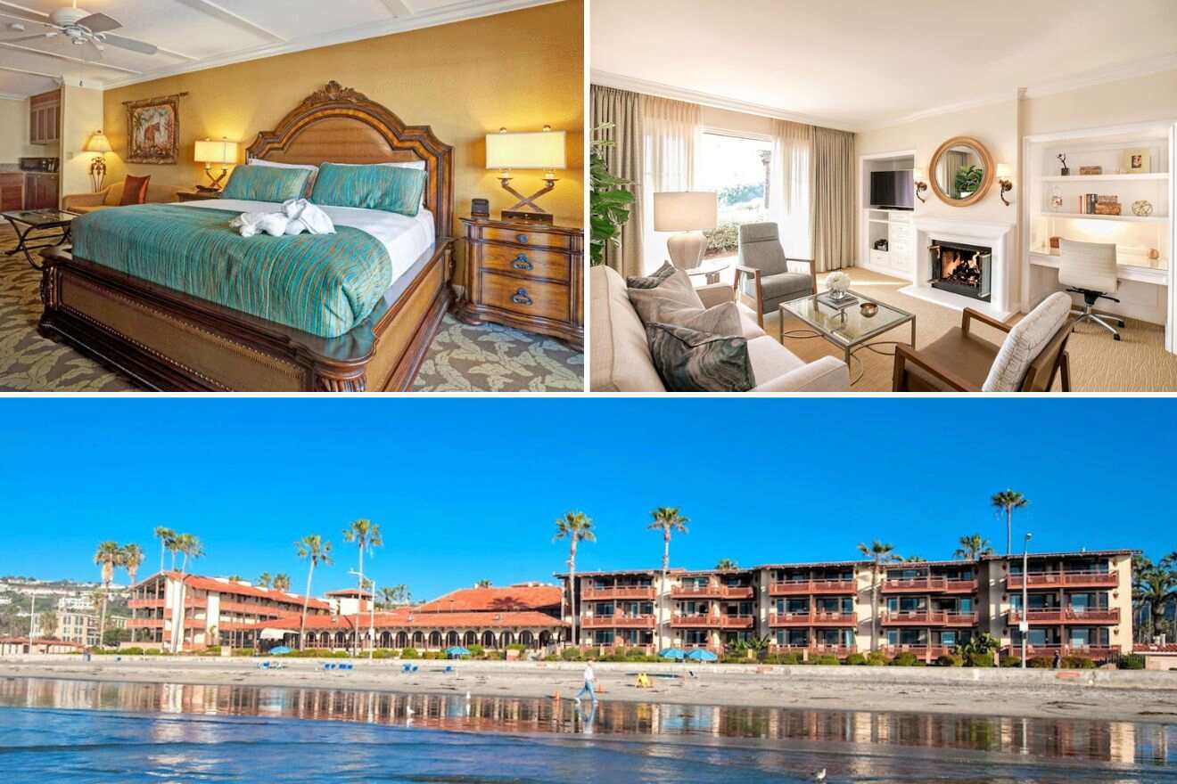 Collage of three hotel pictures: bedroom, living room, and hotel exterior at beach