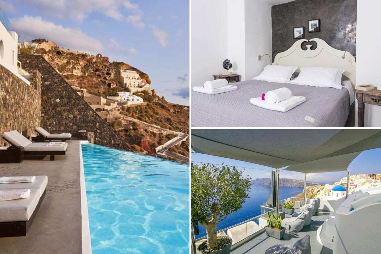 collage with bedroom, hotel view with swimming pool and terrace sitting area
